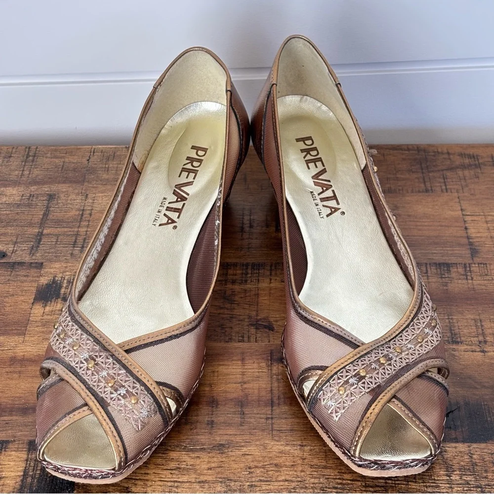 Prevata Gold and Brown Mesh Peep-Toe Wedge Size 6